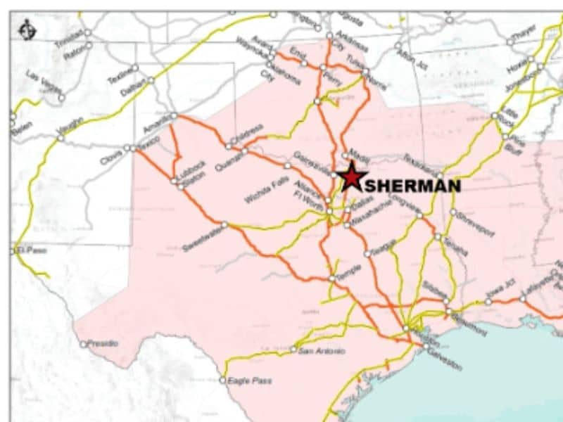 Map highlighting the location of Sherman, Texas within the growing Texoma region of North Texas
