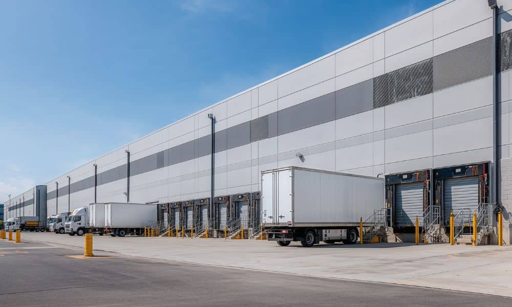 Industrial truck court pavement with semi trucks at warehouse loading docks