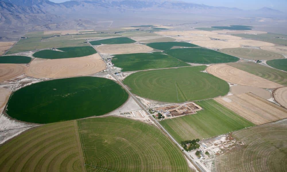 Aerial view of center-pivot irrigation creating circular crop patterns across farmland