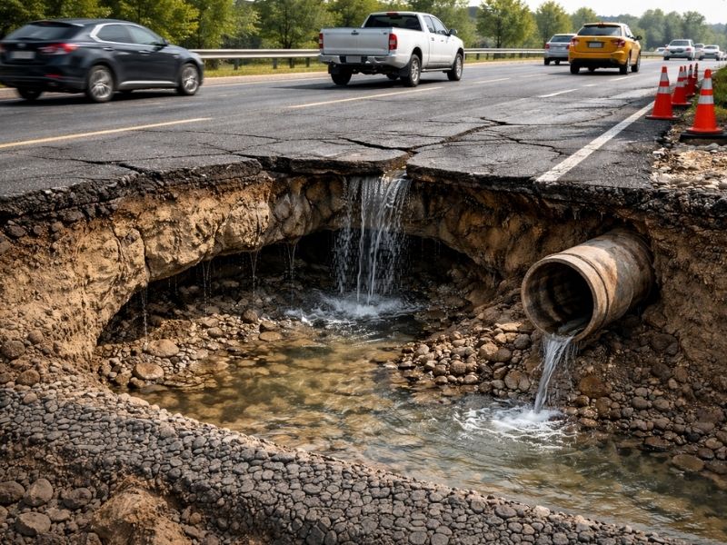 Damaged roadway exposing a drainage pipe and stormwater flow, illustrating the importance of proper invert levels in drainage systems