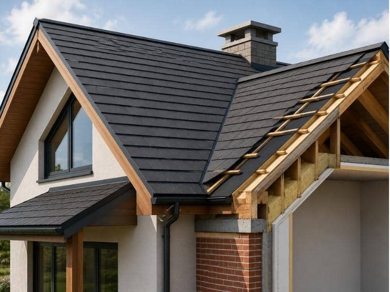 Roof structure with exposed layers showing how a roof protects a building as part of the building envelope.
