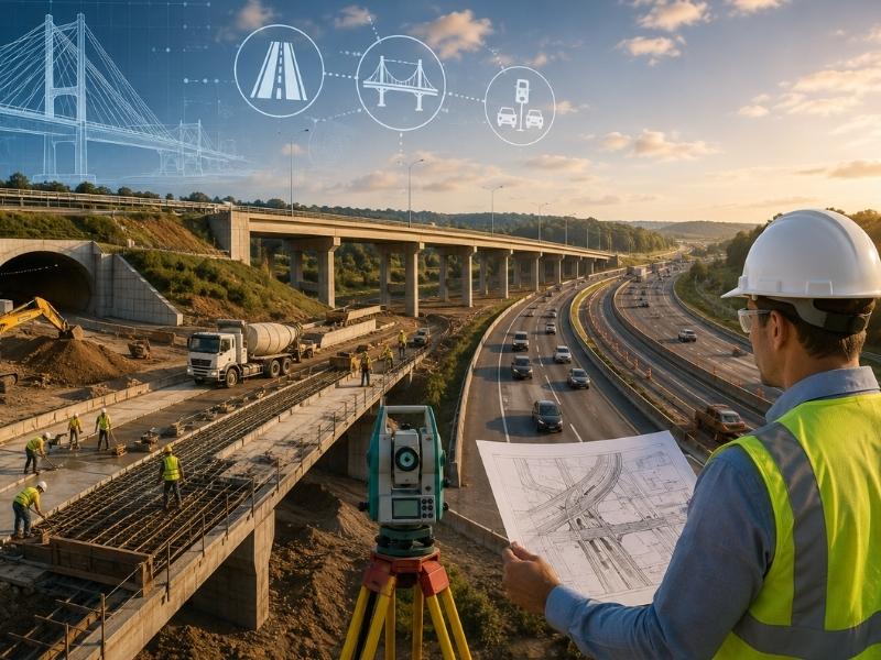 Civil engineer reviewing highway construction plans overlooking a bridge and roadway infrastructure project in Sherman, TX.