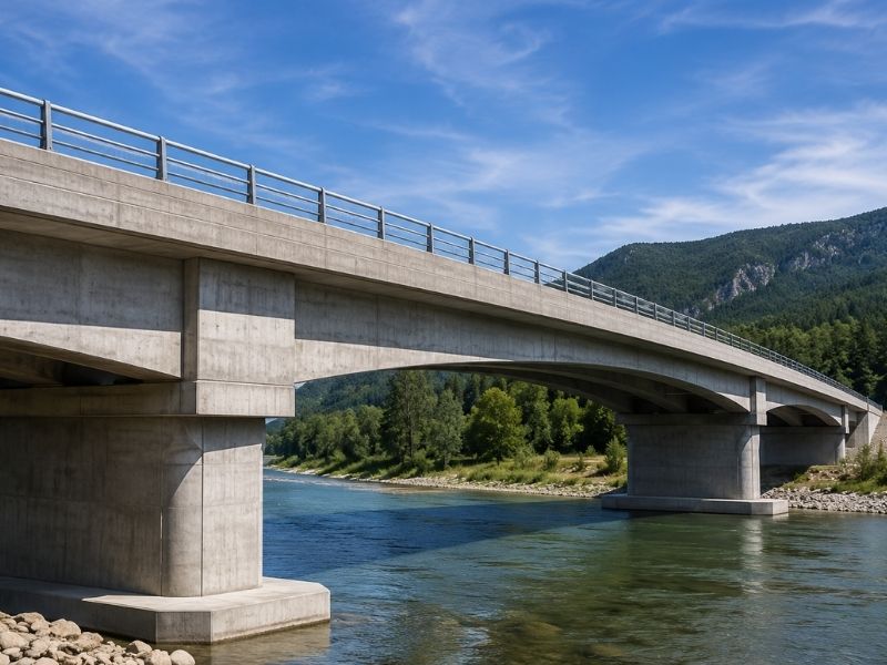 Modern reinforced concrete bridge spanning a river, representing civil engineering infrastructure in Sherman, TX.