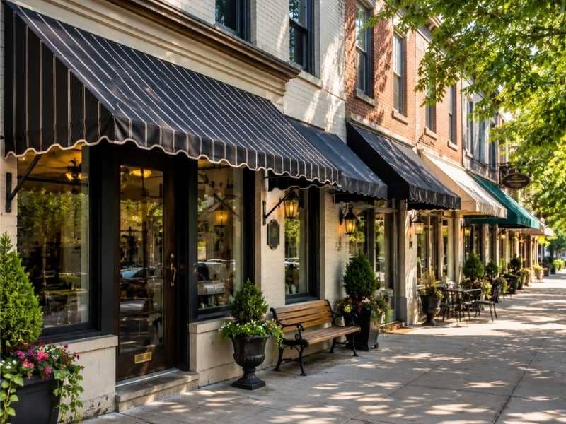 Awning installed above storefront doors and windows to provide shade, weather protection, and improve the building's exterior appearance.
