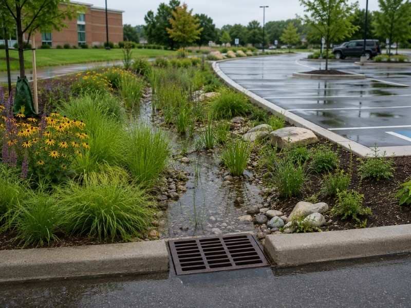 Best Management Practices (BMPs) stormwater control system featuring a rain garden, bioswale, and storm drain to reduce runoff and improve water quality.