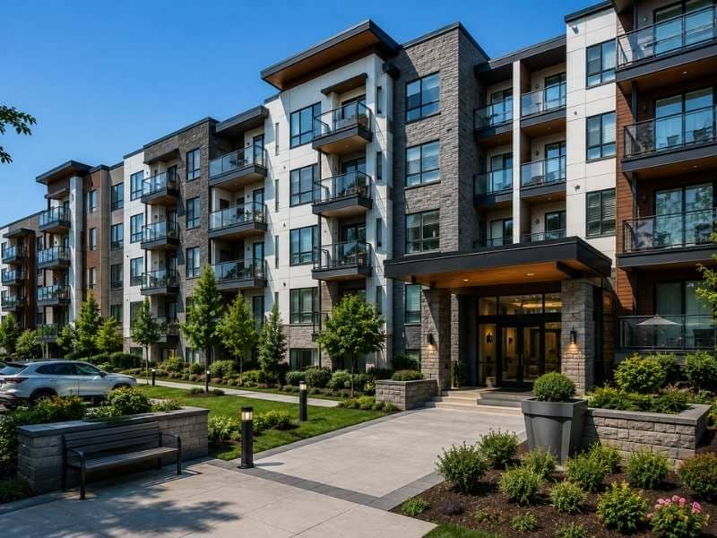 Condominium building with individual residential units, shared entrance, landscaped common areas, and parking.