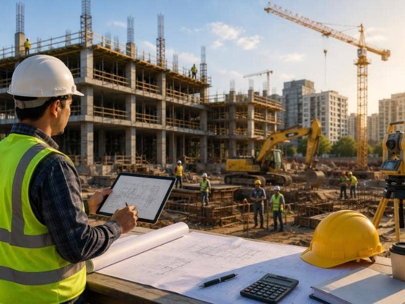 Construction professional reviewing digital plans at an active construction site with cranes, workers, heavy equipment, and building progress in the background.