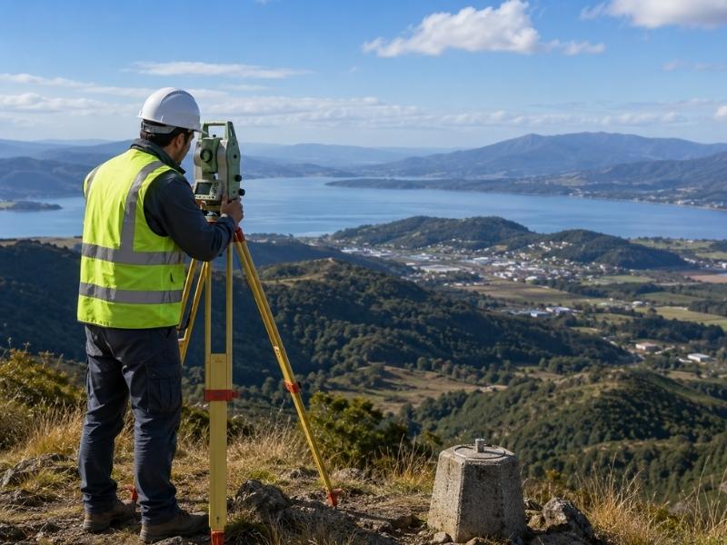 Elevation survey using a total station to measure terrain height across hills, valleys, and a coastal landscape from a survey benchmark.