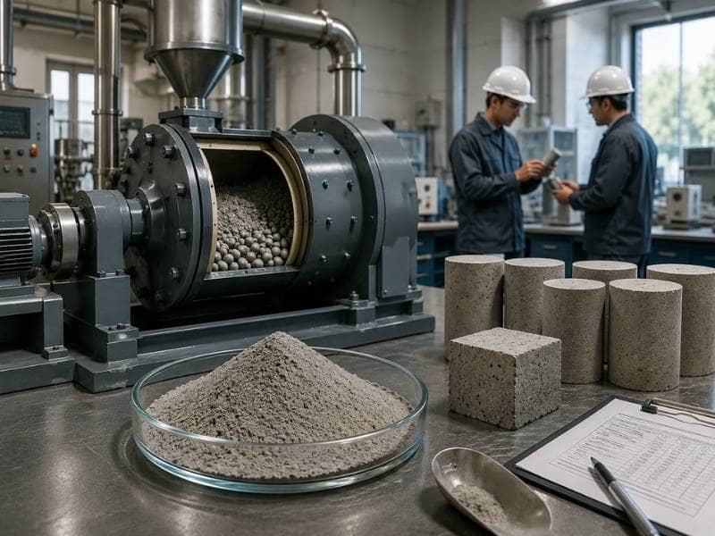 Engineers evaluating Energetically Modified Cement using high energy milling equipment and concrete test specimens in a materials laboratory.