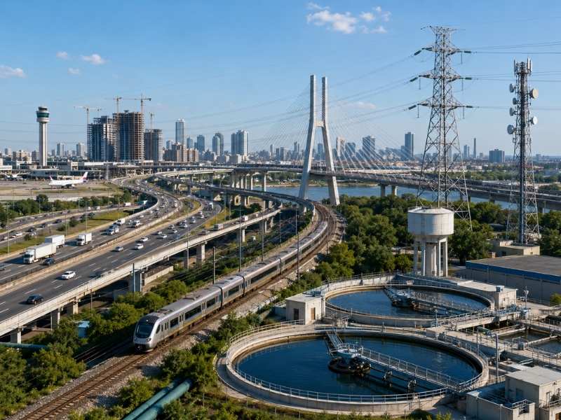 Infrastructure including highways, a bridge, railway, airport, water treatment plant, power lines, and telecommunications supporting urban development.
