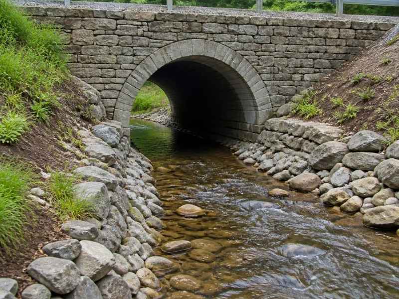 Stone arch culvert carrying streamflow beneath a roadway in Sherman, Texas