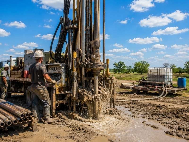 Well drilling operation using a truck-mounted drilling rig to create a groundwater well at a rural job site with workers and drilling equipment.
