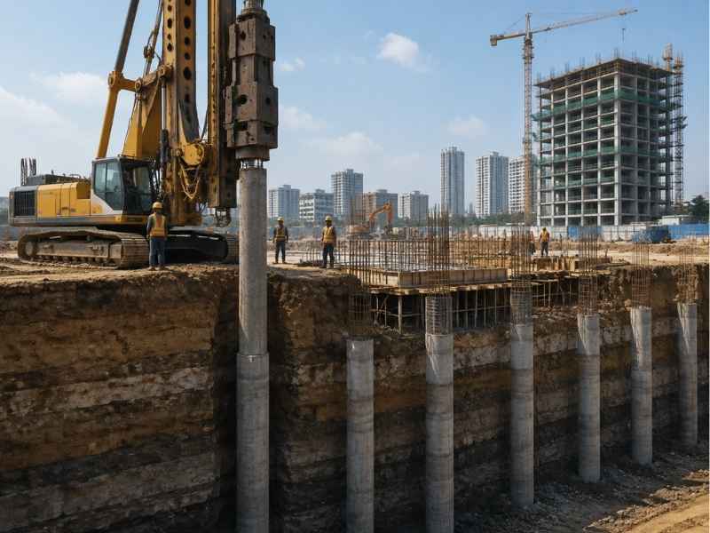 Deep foundations piling construction showing concrete piles driven into deep soil layers for structural support