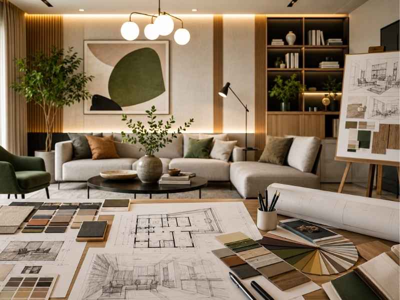 Interior design concept showing a thoughtfully planned living space with design boards, floor plans, material samples, and furnishings that reflect the art and science of better spaces.
