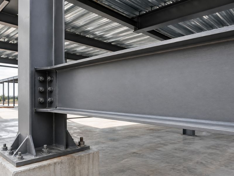Structural steel I-beam with a bolted beam-to-column connection inside a commercial steel frame under construction.
